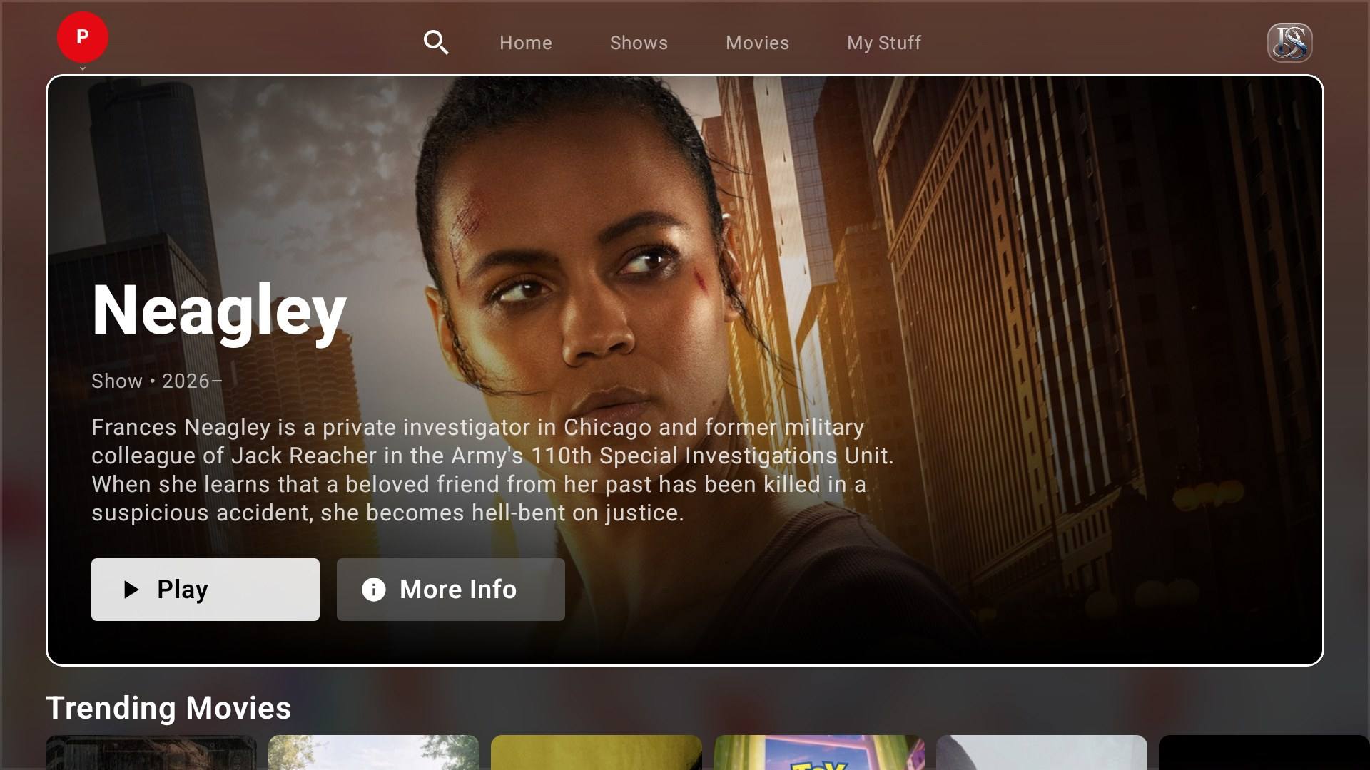 DoevStream home screen on Google TV with a featured show, Play and More Info buttons