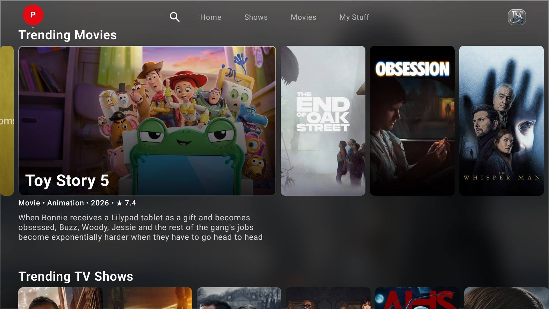 DoevStream on Android TV: trending movies row with an expanded title card