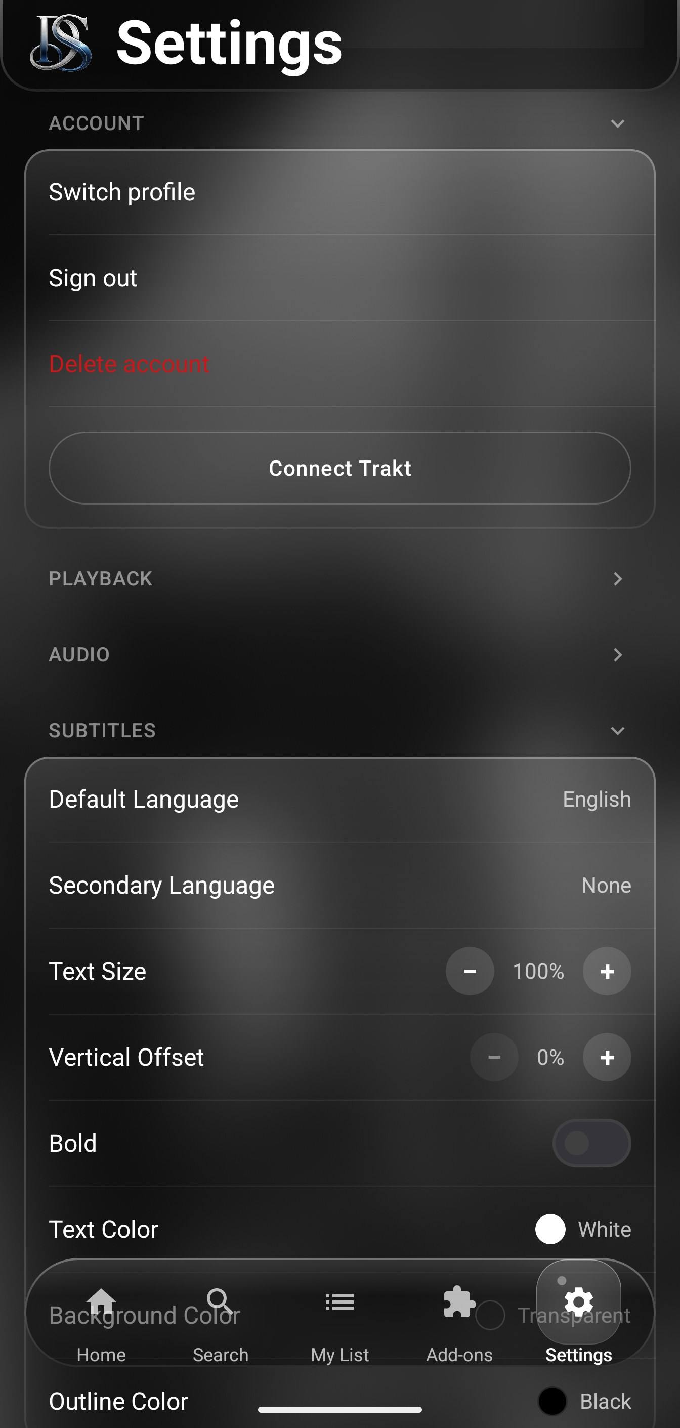 Subtitle settings on a phone: language, text size, offset, color and outline