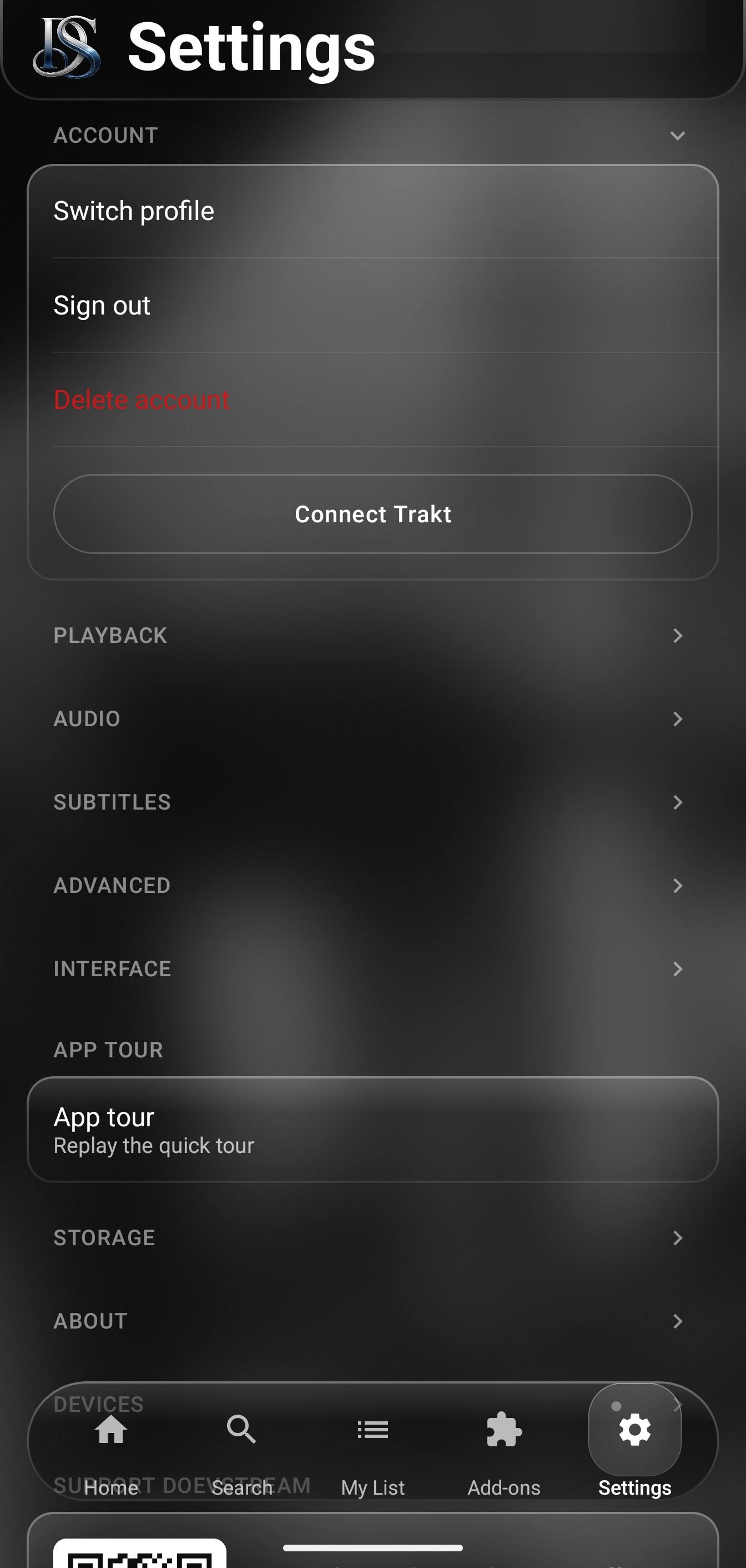 Phone settings with Connect Trakt, profile and account options